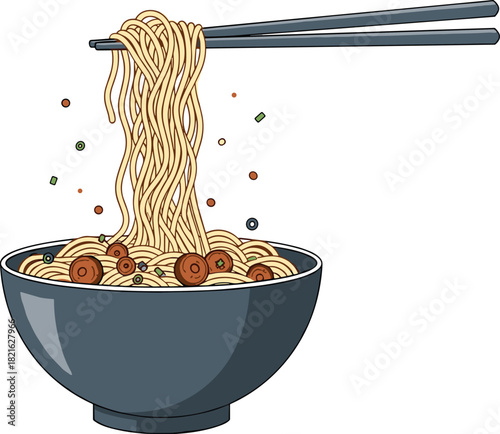 Bowl of Noodles with Chopsticks Illustration: Delicious Asian Cuisine, Restaurant Meal with Meatballs, Modern Food Art for Culinary Presentation, Tasty Lunch, Editable Vector Design, Healthy Dinner, M