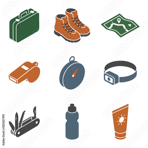 Isometric illustration of hiking gear and accessories on black background