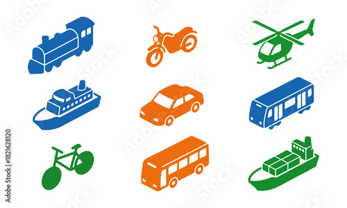 Isometric transportation icons set train motorcycle helicopter ship car bus airplane truck and cargo ship