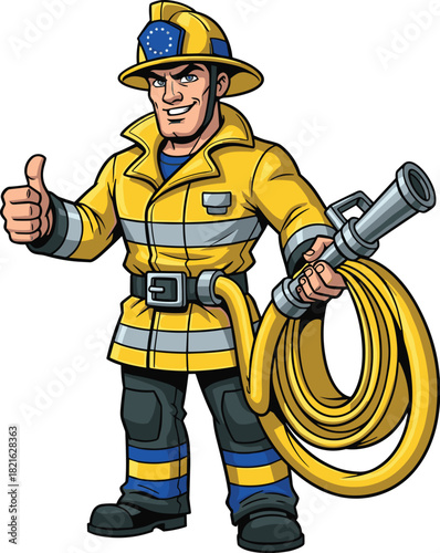 Cartoon Firefighter Giving Thumbs Up, Holding Fire Hose Ready for Action in Front of a White Background, Promoting Public Safety and Emergency Services, Stylized Illustration for Educational Materials