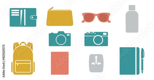 Set of travel essentials vector icons on black background