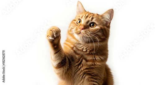 Playful orange tabby kitten reaching up with paw on captivating portrait