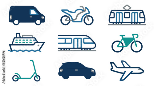 Transportation icons variety of vehicles on black background