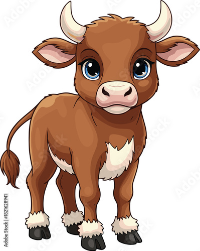 Cute Cartoon Calf Posing on White Backdrop for Children's Illustration & Agricultural Marketing: Adorable Dairy Animal with Big Eyes, Gentle Horns, Perfect for Farming Education, Mascot Design, Produc