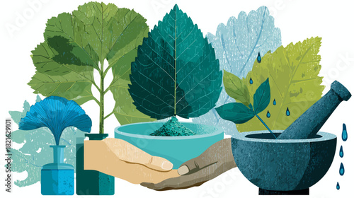 Herbal medicine and natural healing concept with various green leaves, hands, growing plants, and mortar and pestle for wellness and sustainability.