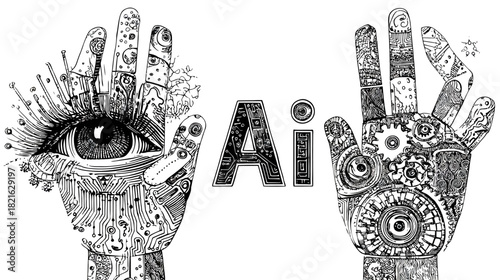 AI concept: Detailed line art of human and robotic hands, one with an all-seeing eye and the other with gears, symbolizing artificial intelligence and future technology.