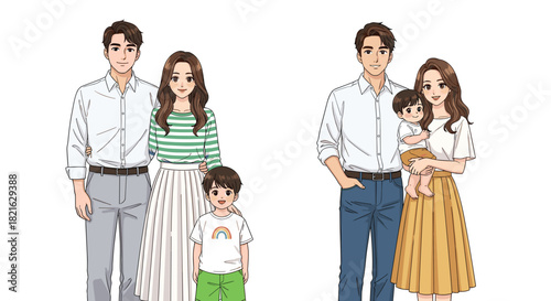 Delightful Family Portrait with Parents and Children Standing Together, Radiating Joy and Love in a Cheerful Indoor Setting, Ideal for Lifestyle, Parenting, and Generational Content, Illustrative Styl