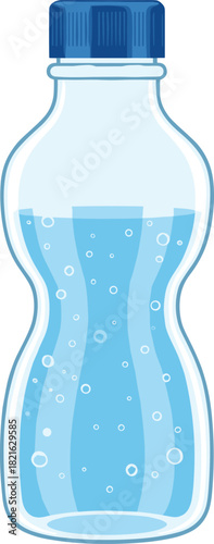 Contoured Plastic Bottle Vector with Blue Cap, Full of Clear Fizzy Refreshment or Mineral Water