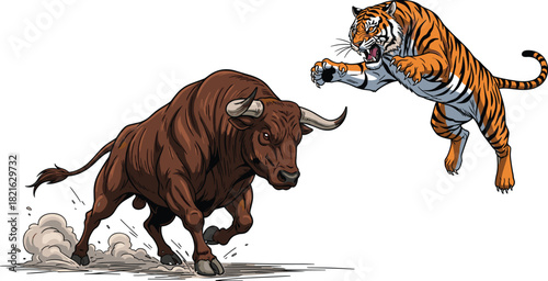 Powerful Brown Bull Charging Aggressively While Angry Tiger Jumps in Attack: Dynamic Wildlife Confrontation in Cartoon Illustration Style for Competition and Market Battle Concepts, Business Metaphor,