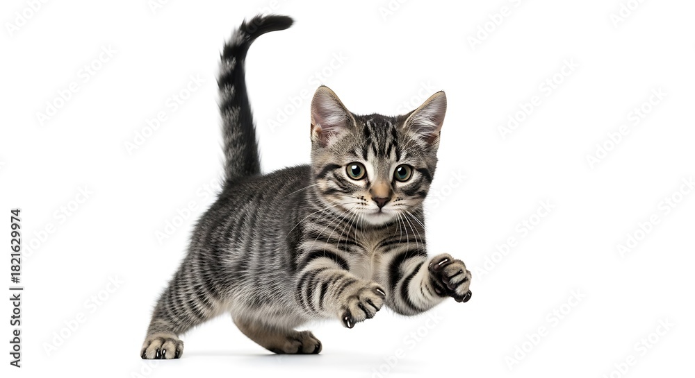 Obraz premium Playful tabby kitten caught mid-leap with bright eyes and striped fur
