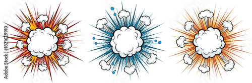 Colorful comic explosion effects with smoke clouds and dynamic rays, vibrant cartoon blast illustrations perfect for action designs, comics, and pop art