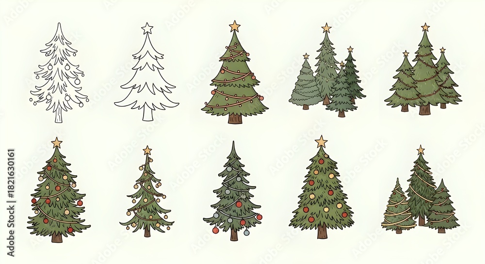 Obraz premium Collection of vintage christmas tree illustrations on a white background