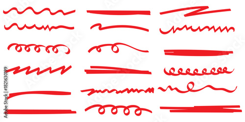 Red marker underline brush stroke set. Marker red pen highlights squiggle stroke. design element doodle scribble underline .