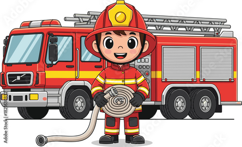 Cartoon Firefighter Holding Hose Ready to Extinguish Flames Standing Proudly in Front of Firetruck Ready for Action at Emergency Incident, Safety Hero Image for Children's Education and Fire Preventio