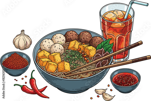 Bakso Indonesian Meatball Noodle Soup Still Life: Spicy Asian Cuisine Presentation with Tofu,Chili,Garlic and Iced Tea. Traditional Culinary Concept for Restaurant Menu & Gastronomy Illustration. Comf