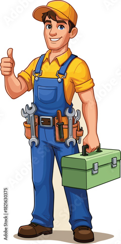 Smiling Cartoon Repairman Giving a Thumbs Up Holding Toolbox in a Workshop, Representing Home Services, Renovations, and Handyman Expertise. Ideal for Marketing, Websites, and Presentations, Featuring