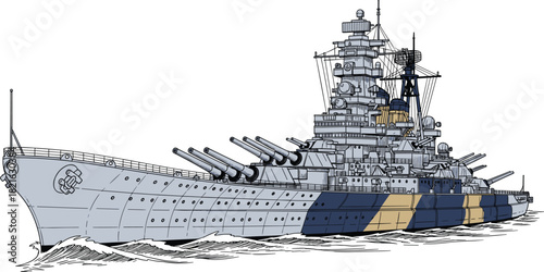 Battleship on the Open Sea Rendering Naval Power, Marine Warfare, Fleet Vessel in Action on Water, Maritime Transport, Military Might, Warship Illustration for Graphic Design & Historical Context, Nau