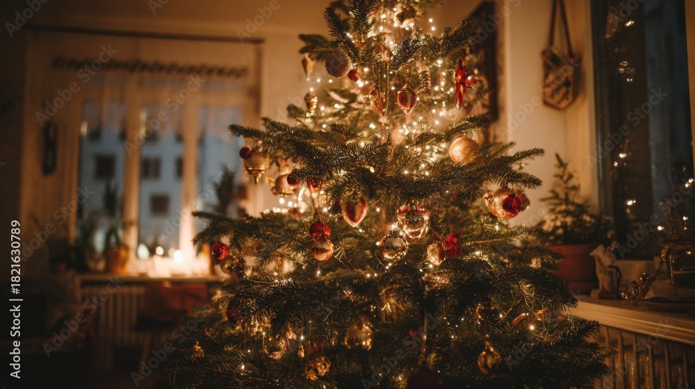 Fototapeta premium Cozy Indoor Christmas Tree Decorated with Lights and Ornaments, Creating a Warm Holiday Atmosphere