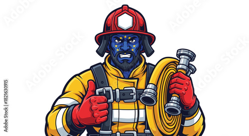 Determined Firefighter Protecting Europe: Cartoon Hero with EU Flag Face Holds Fire Hose, Ready to Respond, Expressing Strength & Resolve in Emergency, Ideal for Safety Campaigns, Crisis Management Co