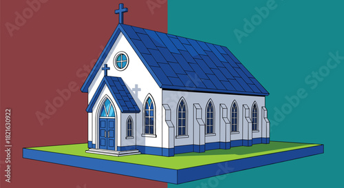 Cartoon Church Building Illustration Standing Tall Against a Divided Background, A Symbol of Faith, Religion, and Community Worship, Spiritual Place for Peace and Meditation in Modern Times Presentati