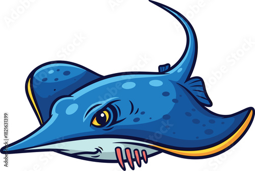 Intense Blue Cartoon Stingray Gliding Underwater, A Dynamic Mascot Design for Ocean Conservation and Marine Education, Animated Fish in Vibrant Colors for Children's Books, Games, and Educational Mate
