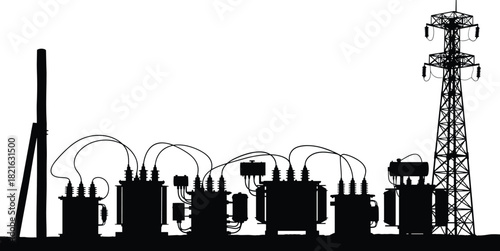 Electric power substation silhouette with transformers, transmission tower and utility infrastructure vector illustration.