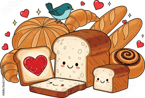 Delightful Bakery Assortment with Kawaii Bread Faces and Valentine's Day Hearts, a Charming Collection of Pastries for Sweet Treats & Breakfast Promotions with a Whimsical Style and Cheerful Mood, Ide