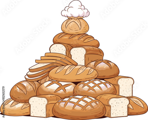 Artistic Bread Pyramid Display: A Heap of Baked Goods and Loaves Arranged in a Towering Food Art Installation, Perfect for Restaurant Promotions, Bakery Advertisements, and Culinary Presentations Feat
