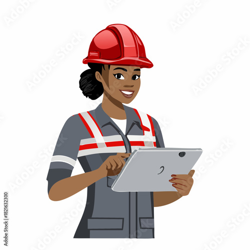 Smiling female engineer in red hardhat using tablet at construction site, showcasing modern technology and efficient workflow in a professional environment.