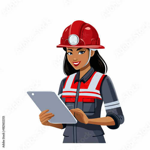 Smiling female engineer inspecting construction site plans on tablet device, wearing hard hat and safety vest, showcasing modern technology and professionalism.