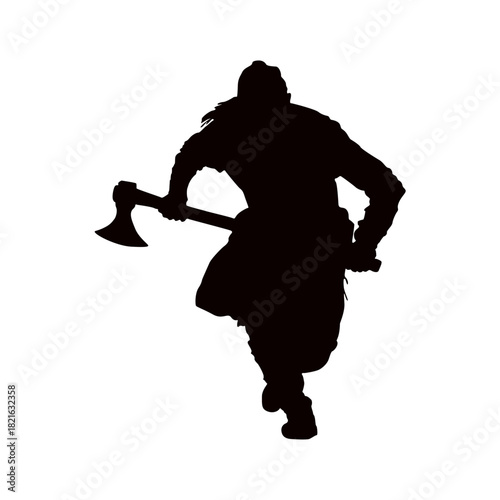 Silhouette of a viking warrior running with an axe in hand