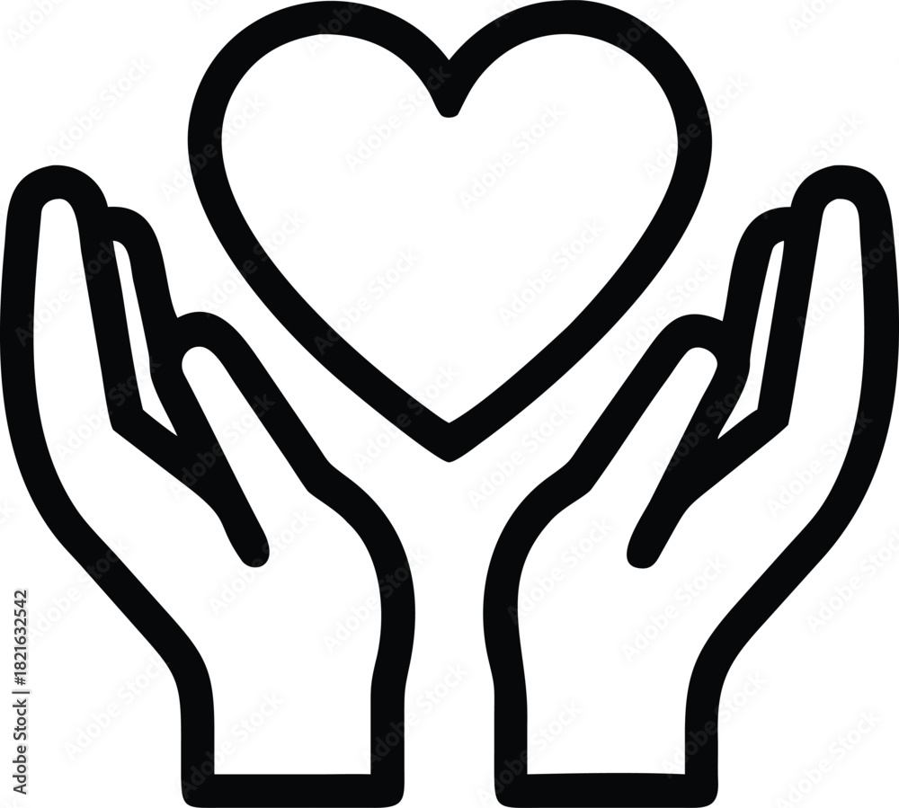 Obraz premium Hands Holding Heart Icon: Outline Line Art Symbolizing Care, Love, Support, Health, Charity, and Protection for Mental Wellness and Community Design.