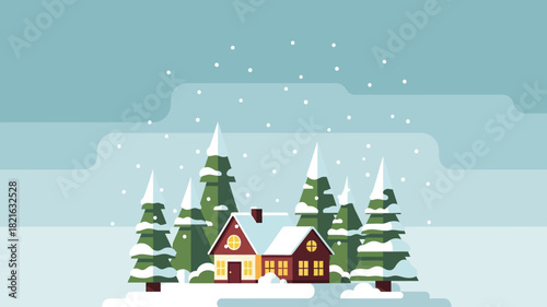 Cozy winter scene with snow-covered houses and pine trees, depicting a serene snowfall in a peaceful rural landscape