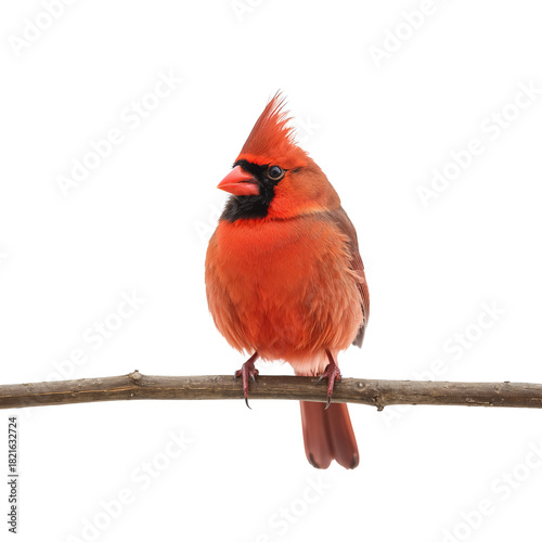 Vibrant Red Cardinal Perched on a Twig Against a White Background