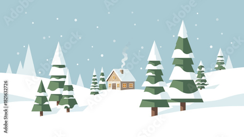 Cozy Winter Cabin Scene with Snow-Covered Pine Trees and Gentle Snowfall Amidst a Serene Snowy Landscape