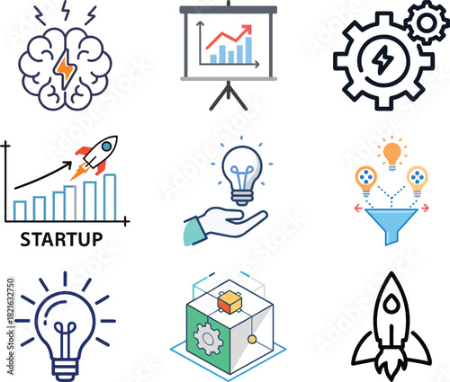 Business Innovation and Startup Icon Set Vector featuring Ideas, Lightbulbs, Growth Charts, Rocket Launch, Strategy, and Brainstorming Symbols for Project and Company Development