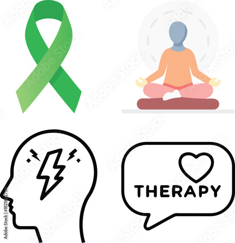 Mental Wellness Icon Set: Therapy, Meditation, Stress/Idea, and Green Ribbon for Mental Health Awareness, Counseling, Mindfulness, and Psychological Support