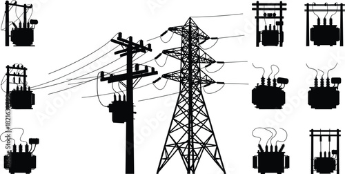 Electrical grid silhouettes featuring high voltage transmission tower, utility pole, and transformer collection vector illustration.