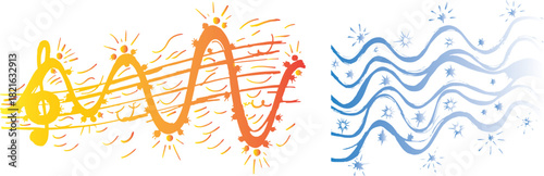 Abstract Yellow Orange Musical Sound Wave and Blue Water Wave Design