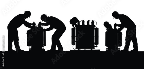 Electrical Technician Crew Working on High Voltage Power Transformers in Substation Maintenance Silhouette Vector