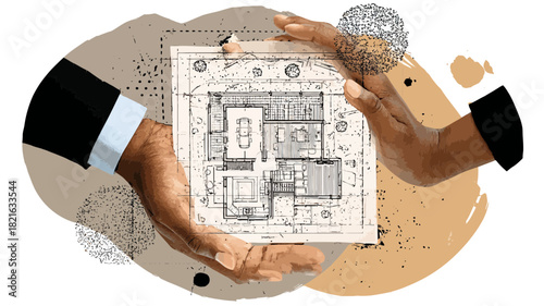 Conceptual image of hands presenting architectural blueprint with a brain, symbolizing intelligent design, innovation, and strategic planning.