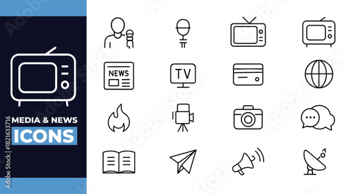 Media and News Broadcasting Outline Icons – Journalism, TV, Communication, and Press Vector Set