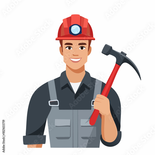 Smiling miner holding pickaxe in hand stands confidently against white backdrop, representing hard work and dedication in the mining industry.