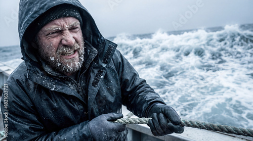 Fototapeta Naklejka Na Ścianę i Meble -  Crab fisherman on boat deck storm icy water danger catch crab pot heavy labor marine industry seafood harvest extreme condition ocean wave cold occupation male struggle vessel north sea