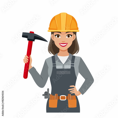 Smiling female construction worker holding pickaxe on construction site, showcasing strength and determination in the workplace.