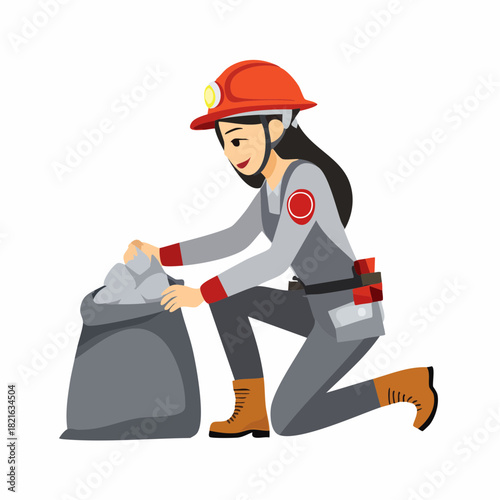 Female miner kneeling and filling a sack with rocks in a mine, showcasing the hard work and dedication of women in the mining industry.