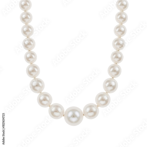 Elegant Pearl Necklace With Varying Sizes and Gold Accents Displayed on a Cle...