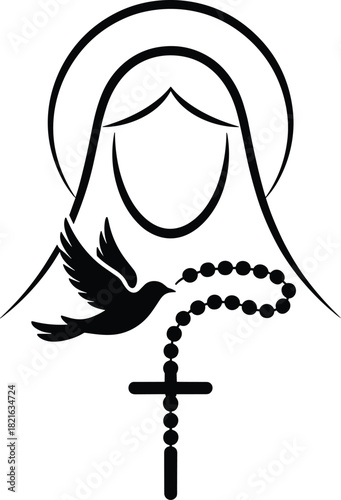Black silhouette of a dove holding rosary beads near a veiled woman