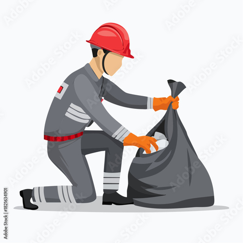 Construction worker kneeling and picking up trash into a black bag on a white surface, showcasing responsibility and environmental awareness.