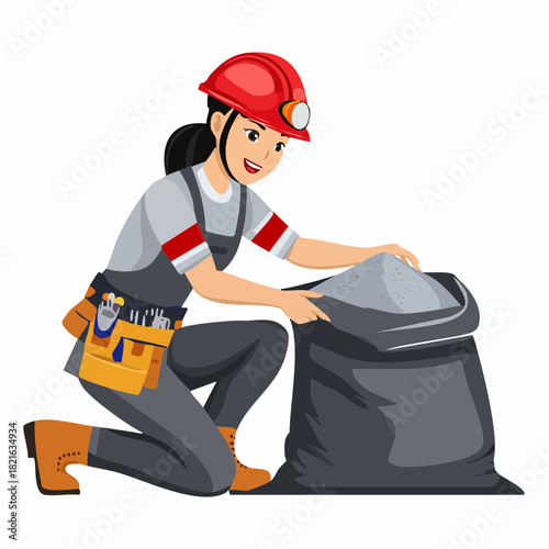 Smiling female miner kneeling and filling a large black bag with silver ore in a dimly lit mine, showcasing hard work and resourcefulness.